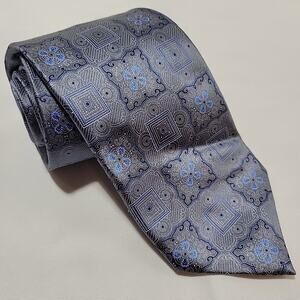 ERMENEGILDO ZEGNA Men's 100% Silk Necktie ITALY Luxury Silver and Blue 60 Inches